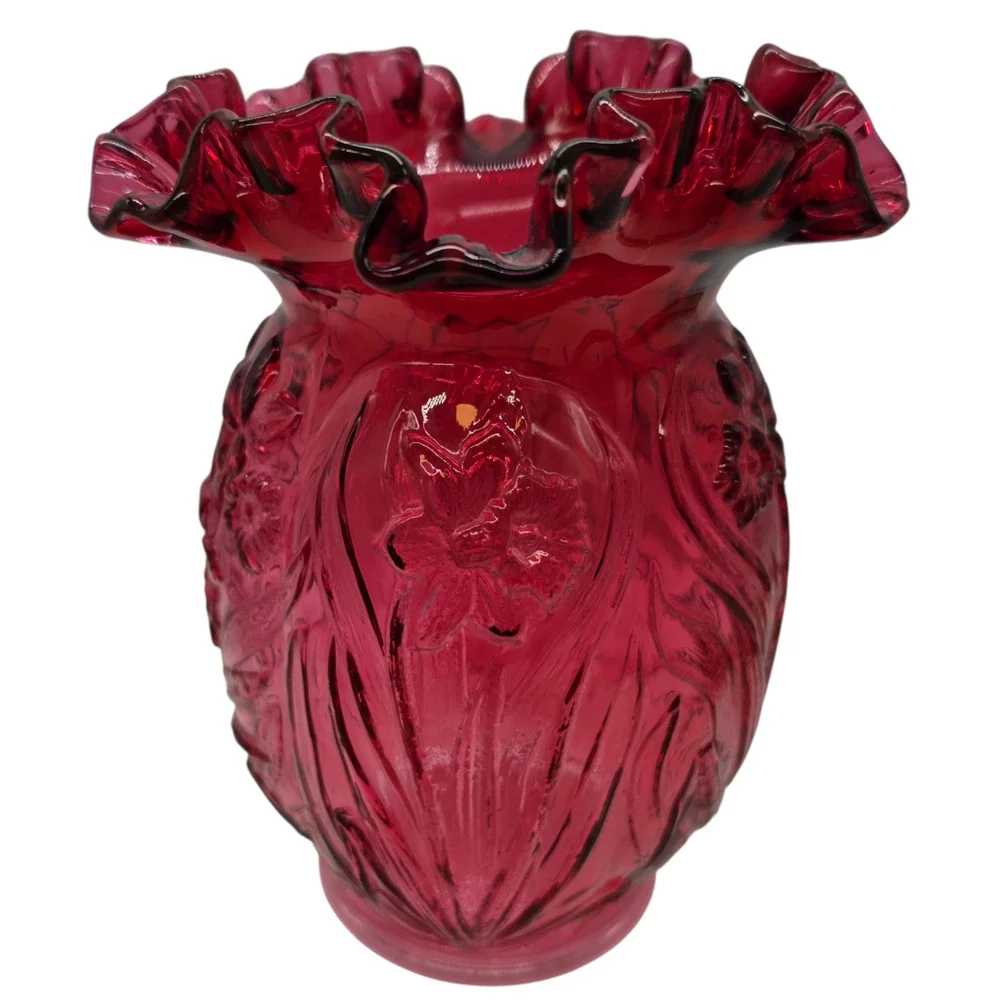 VINTAGE FENTON CRANBERRY RUFFLED DAFFODIL VASE CRIMPED RUFFLED TOP 8